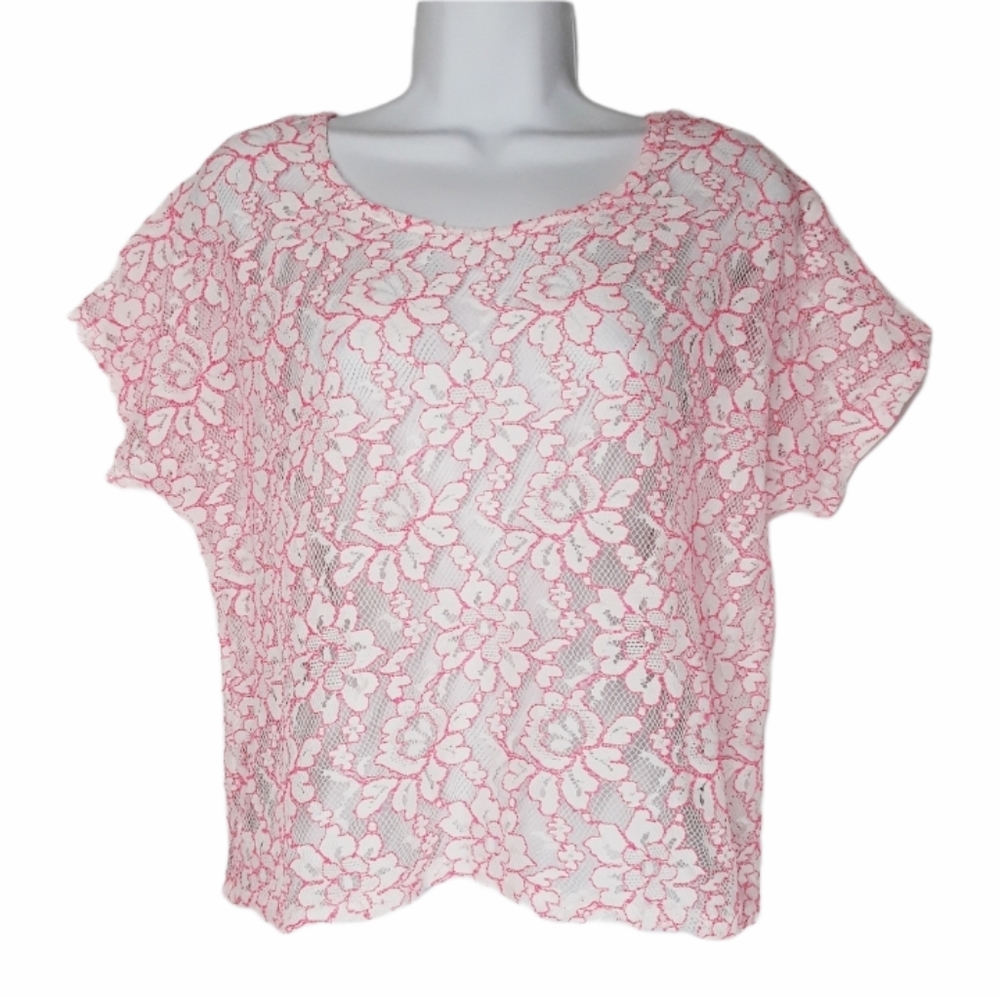 WET SEAL Pink White Lace Short Sleeve Bow Back Top XL